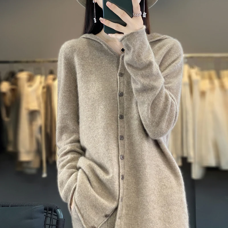 Autumn and winter new 100% pure wool cashmere sweater women\'s hooded cardigan casual sweater fashion solid color loose top