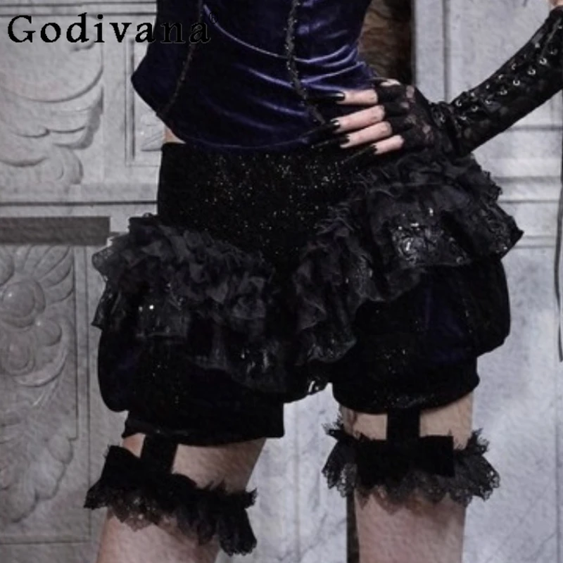 

Original Design Gothic Dark Velvet Pumpkin Shorts Autumn New Women's Lace Bow Leg Ring Culottes Top Set Halloween Cos Clothing