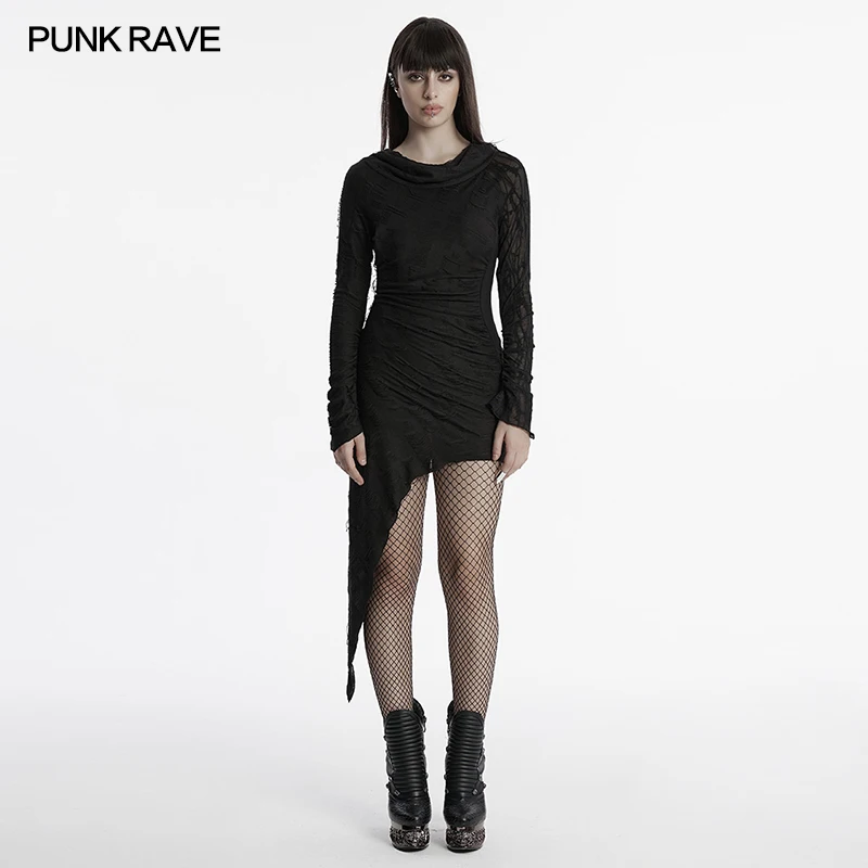 

PUNK RAVE Women's Punk Handsome Irregular Hem Hooded Dress Daily Tattered Knit Mesh Shrinking Folds Waist Club Dresses
