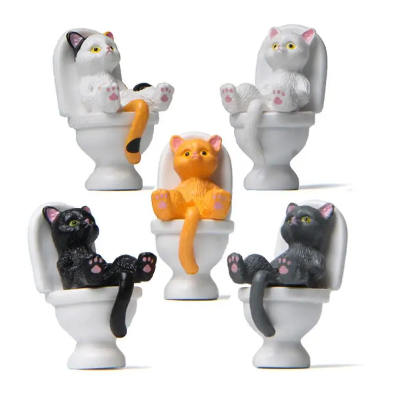 Kawaii Cartoon Cat Sitting On The Toilet Figurines Handmade Resin Miniatures Table Accessories Gifts For Garden Home Decorations