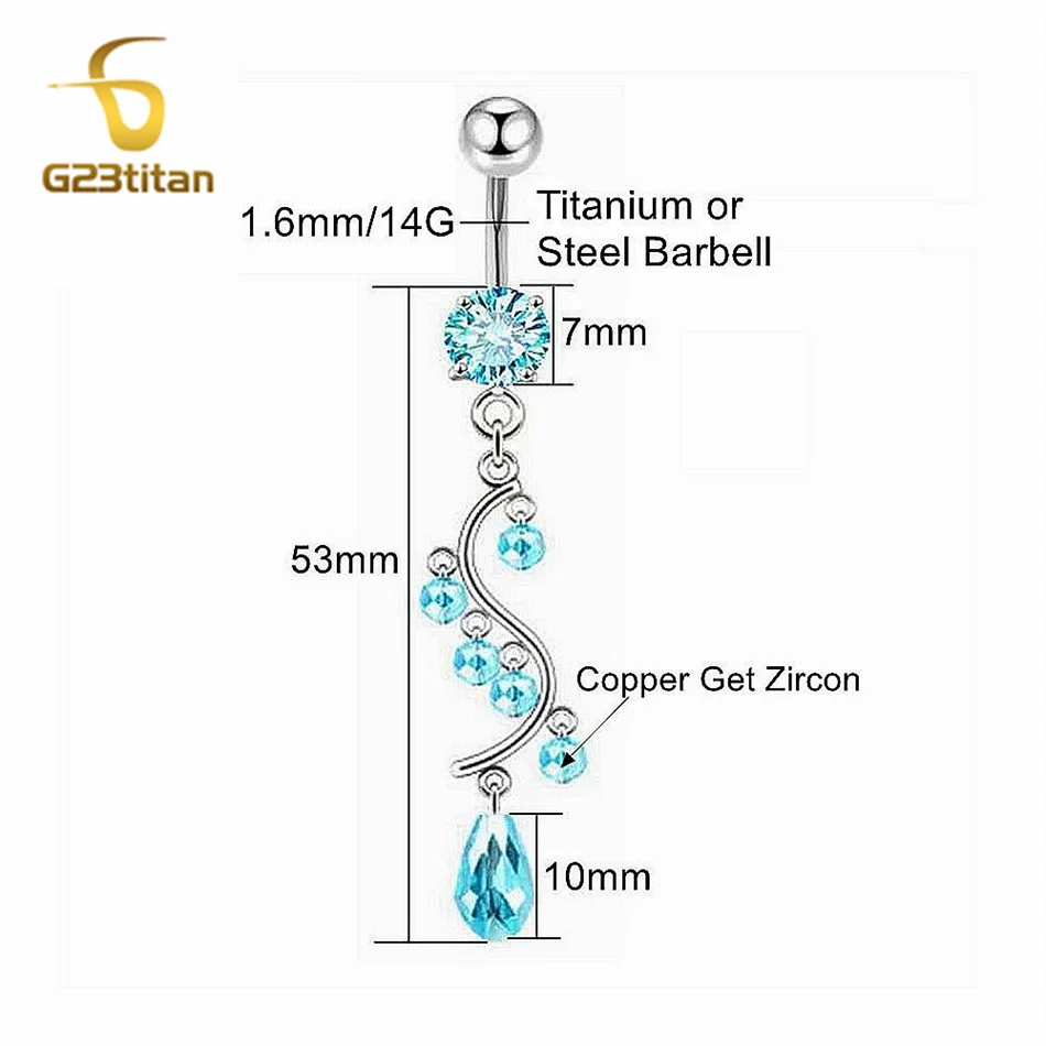 طويل شرابة البطن الدائري الزركون معلقة الطبية G23 التيتانيوم بار المضادة للحساسية 14 جرام السرة ثقب بنين بنات بوهيميا مجوهرات للجسم #6