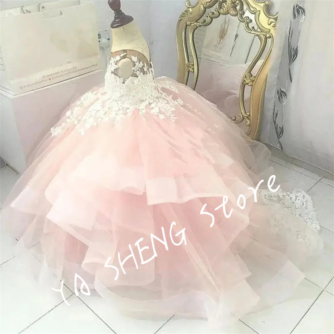 Lace  Flower Girl Dresses Sheer Neck Tiers Ball Gown Little Girl Wedding Dresses Cheap Communion Pageant Dresses Gowns