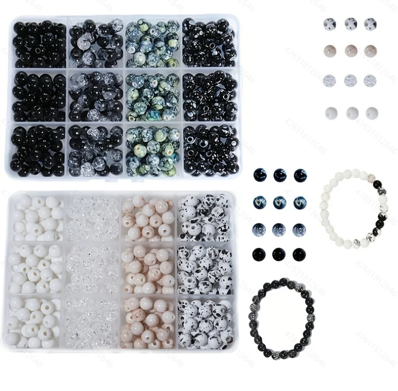64/340pcs Black and White Acrylic 8mm DIY Production Kit, with Splatter, Dots, and Solid Colors. DIY Couple Bracelets