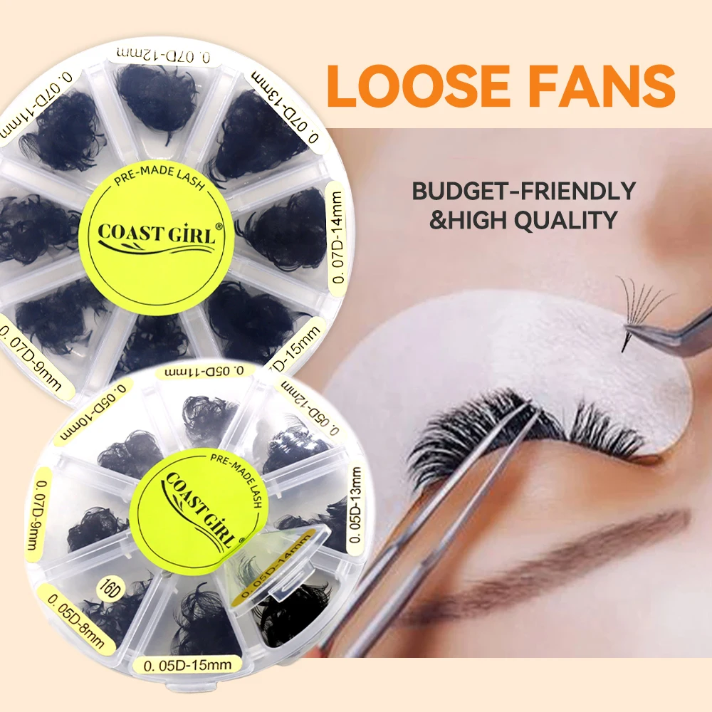 Coast Girl 5-20D Loose Fan Lashes Extensions Mix Length Slim Pointy Base Premade Volume 0.05 0.07 1000 Fans Loose Fans