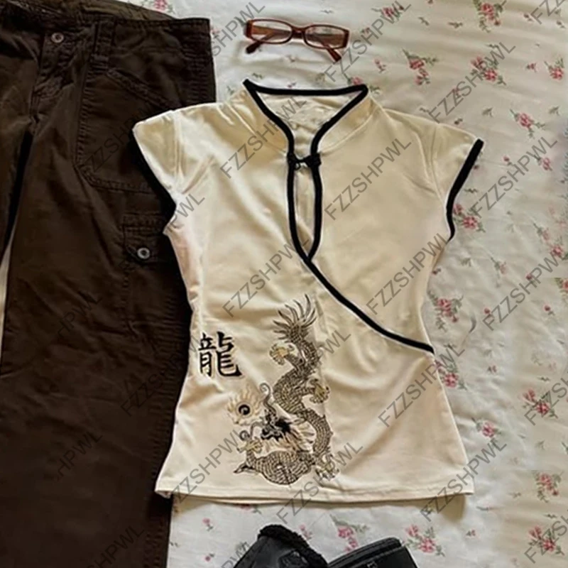 الصينية طباعة السراويل الأعلى فاسق الرجعية تنوعا Y2K المحاصيل القمم روك الجمالية ايمو الفتيات Harajuku شارع العليا القوطية المرأة تي شيرت #2