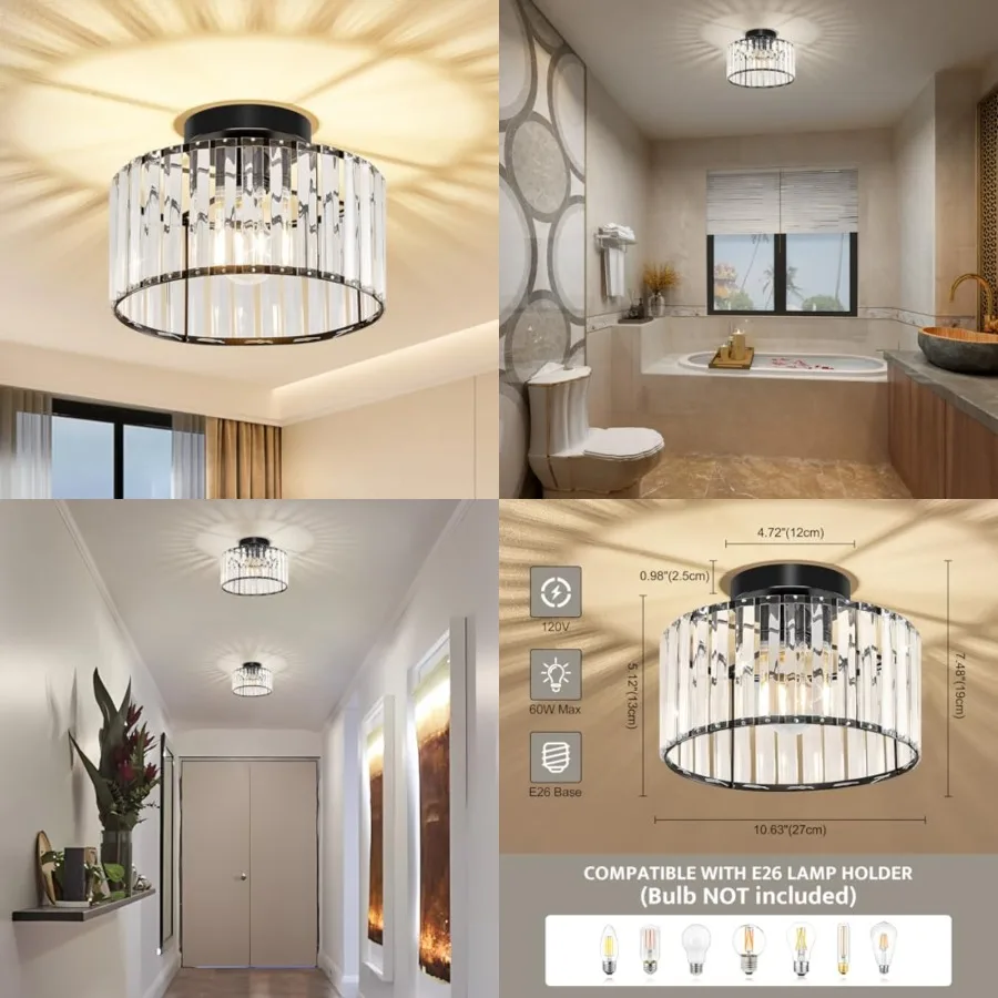 

Modern Ceiling Light, Crystal Hallway Semi Flush Mount Ceiling Lighting Fixture, Metal Close to Ceiling Lamp for Bathroom Entry