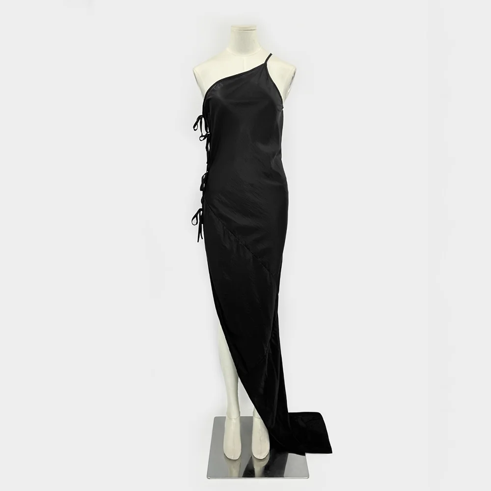

Black Long Women's Dress Y2k Side Split Hollow Irregular Design Temperament Elegant Commuter Peplum Dress 2025 Spring New
