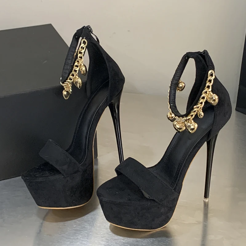 Liyke Fashion Design Bell Chain Ankle Zip Cover Strap Women Sexy 16CM Sandal Platform High Heels Party Club Stripper Shoes Black view 2