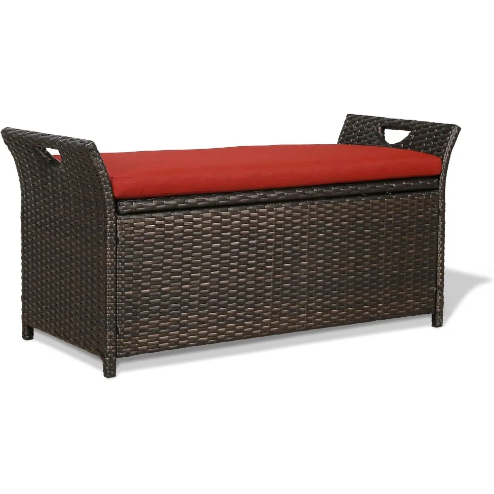 

patio wicker storage bench,outdoor rattan deck box with cushion, red