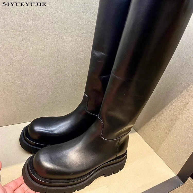 2024 Ins Women platform Knee High Boots Med Heel Genuine Leather Winter Motorcycle Boots Platforms Party Shoes Woman Size 35-40