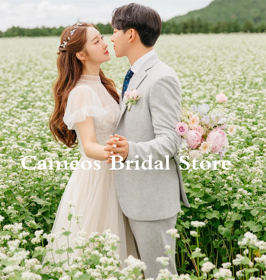 Vestido de novia de cuello alto de Corea, vestido de novia elegante de encaje de tul Vintage, vestido de noche fruncido, vestido de novia marfil, 2023