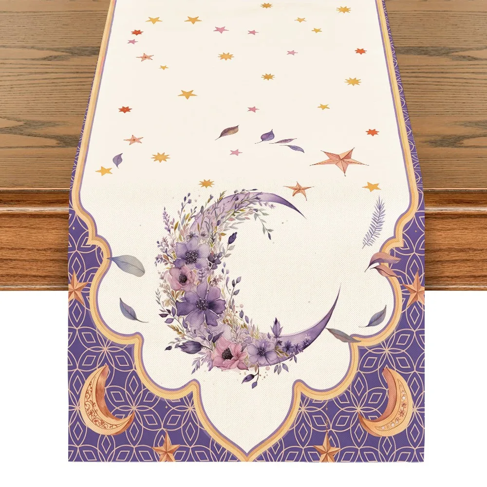 Vintage Ramadan Table Runner Floral Pattern Washable Moon Star Table Runner Traditional Islamic Table Flag Ramadan Celebration