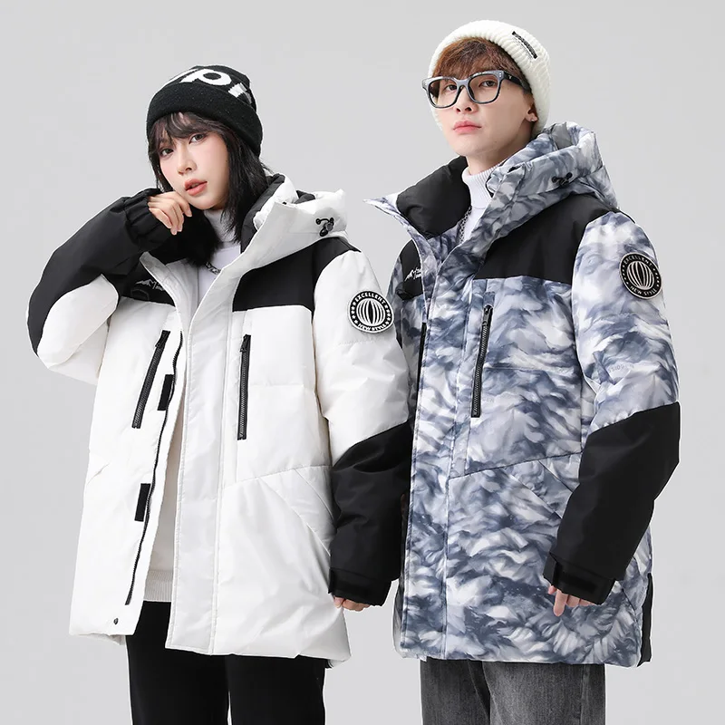 Winter Hooded Puffer Jacket Men's Mid-Length Camouflage Thickened Casual Warm Outerwear Korean Style Straight Leg Pants