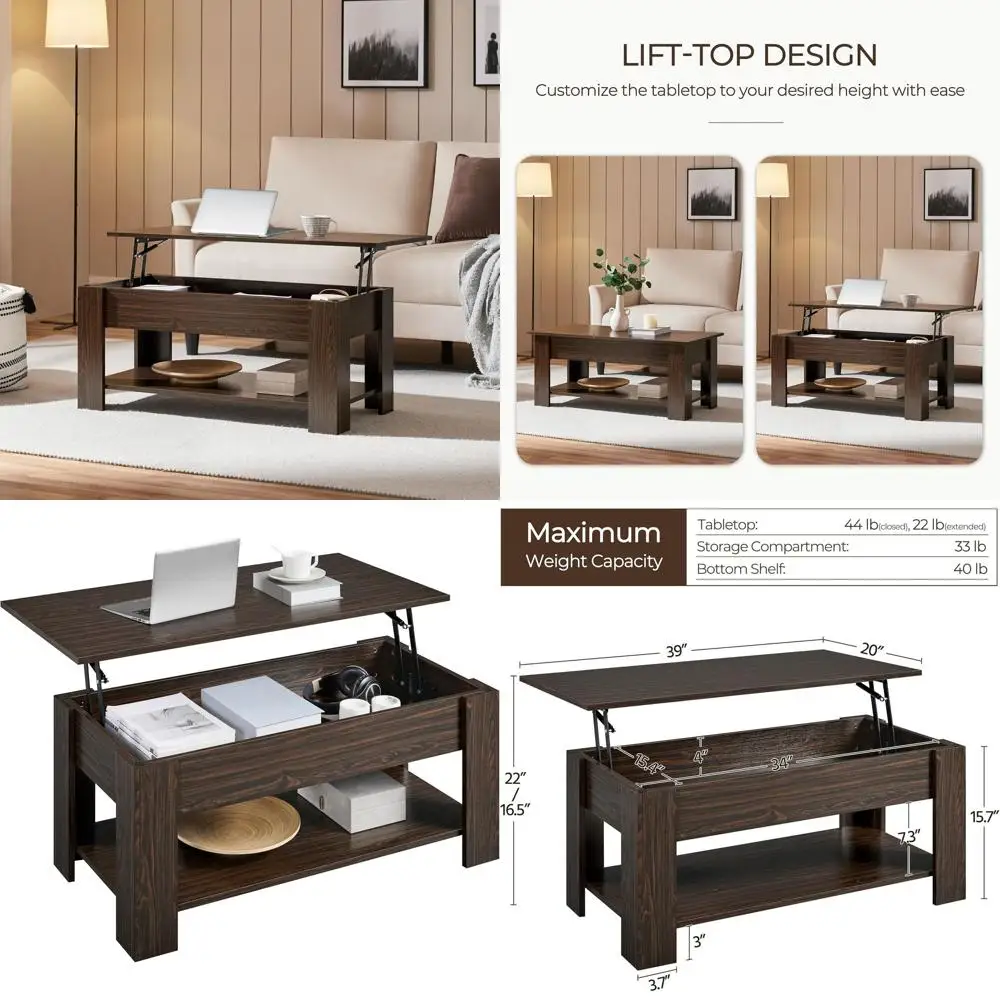 

Modern Coffee Table with Concealed Compartment & Storage Shelf, Suitable for Dining or Living Room, 38.6in Length