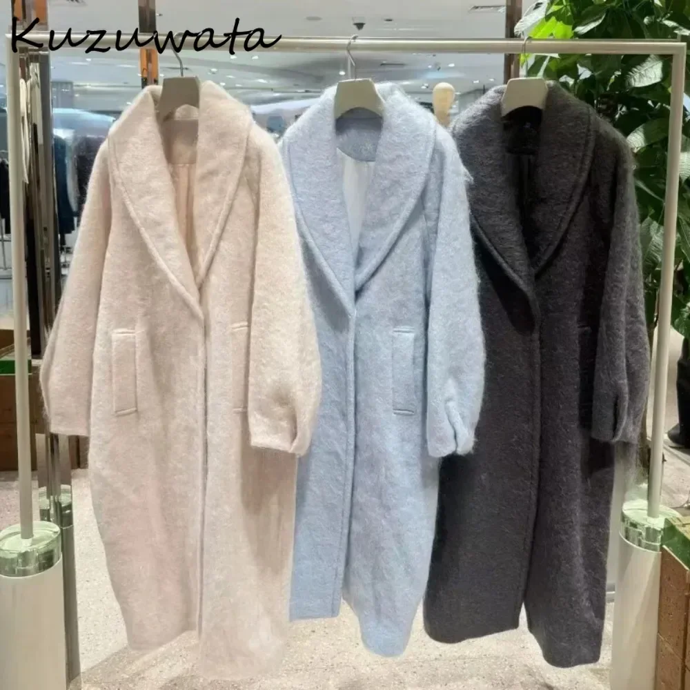 Kuzuwata 2024 Winter New Luxury Thicked Coat Warm Drop-Shoulder Mid-length Fluffy Veste Femme Japan Wool Minority Blends Jacket