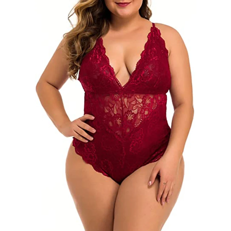 Women Plus Size Lace Bodysuit Teddy Lingerie One Piece Babydoll Clubwear