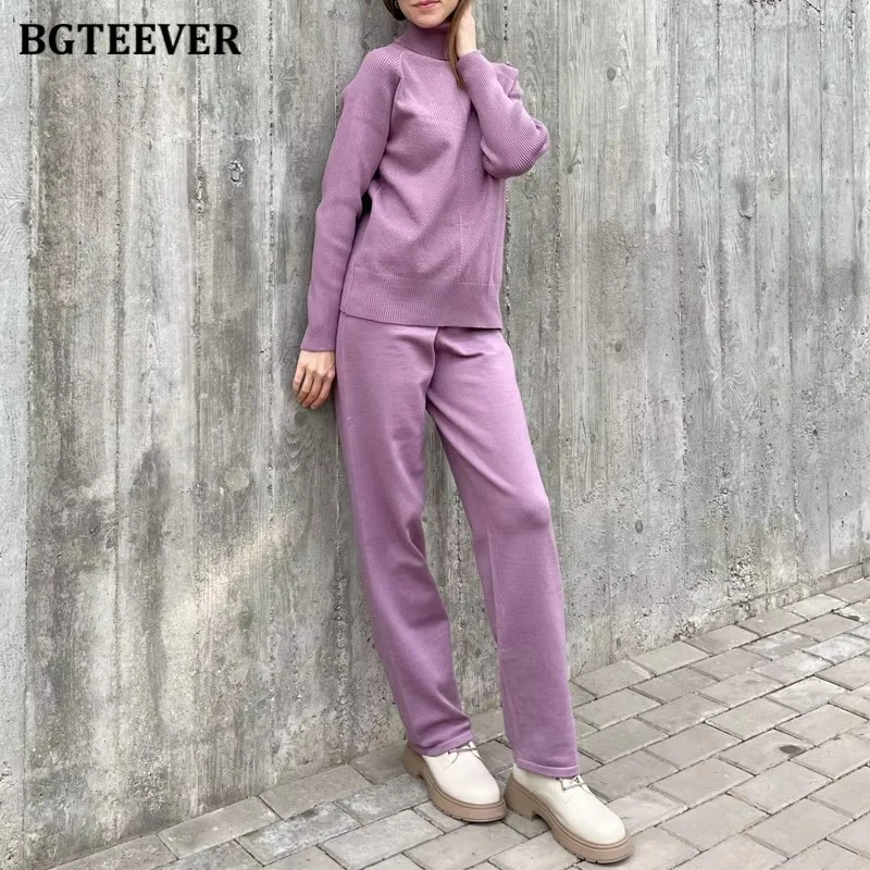 

BGTEEVER Casual Basic Solid Women Sweater Set Full Sleeve Turtleneck Jumpers & Wide Leg Trousers Autumn Winter Warm Knitted Set