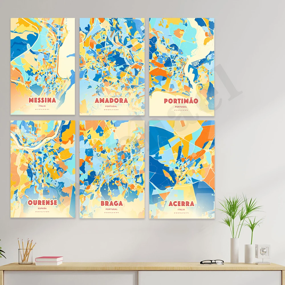Kranice. Acera. Sabadell. Braga.Turku.Vienna.O miecha.Portimón. Amadora. Messina. Turín. Utrecht. Calais. Póster del mapa en color de la ciudad