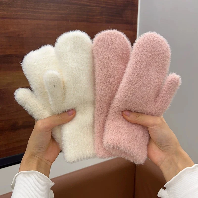 Guantes de punto de Cachemira de lana para mujer, manopla cálida de terciopelo grueso de doble capa, guantes de conducción de dedo completo de felpa, Invierno