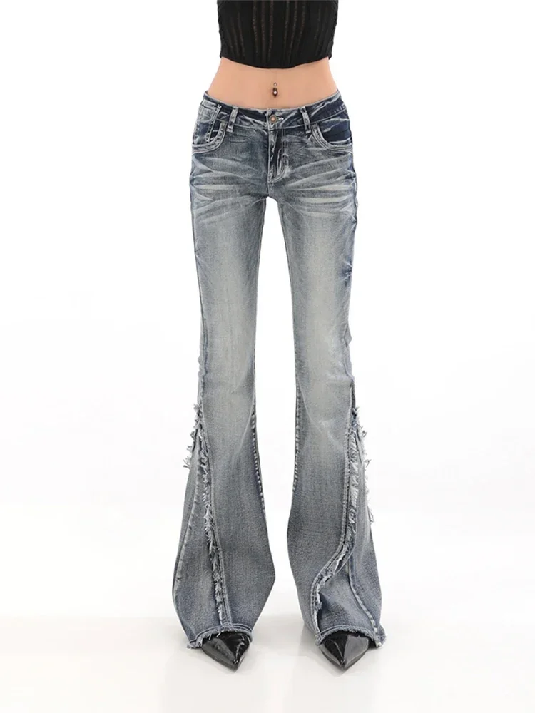 Vintage Y2K Fashion Blue Denim Pants Women High Street Slim Bell Bottoms Female Basic Simple Gyaru Jeans Full Length Streetwear