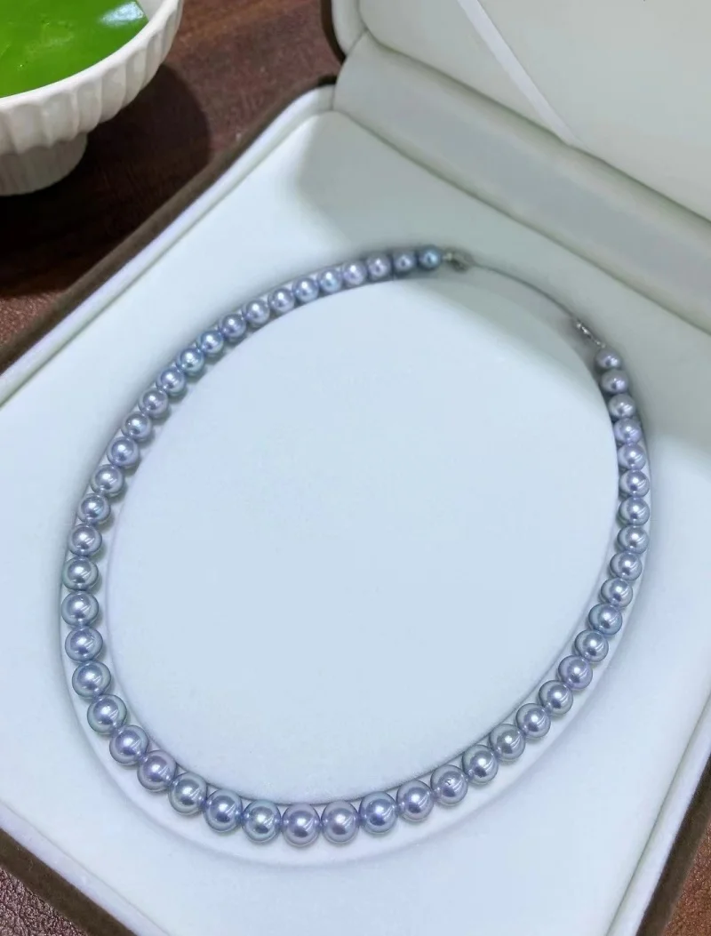 Japanese Gray Natural Akoya Pearl Necklace Exquisite 100% Real Seawater Pearl S925 Silver Clasp for Lady Party Wedding Gift 40cm