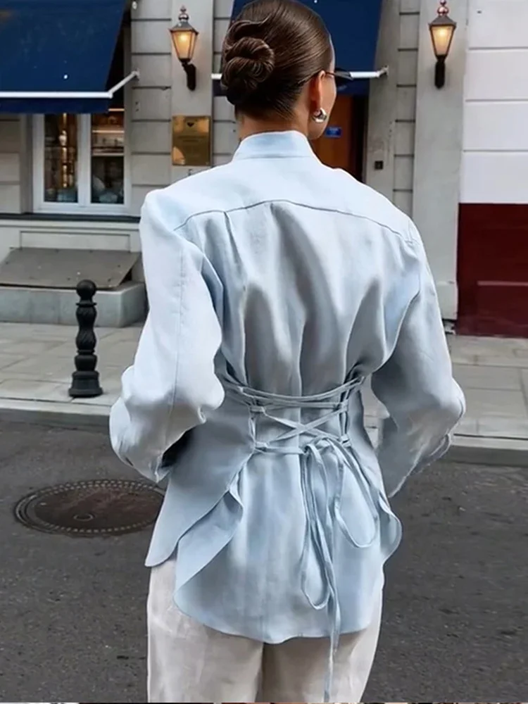 2025 outono senhora commute outwear elegante feminino bandagem camisa azul manga longa rendas até único breasted blusas finas femininas