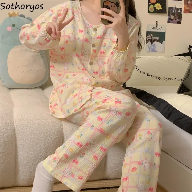 Pajama Sets Women Japanese Style Sweet Kawaii Girls Spring Autumn Long Sleeve Trousers Slouchy Popular Single Breasted Harajuku