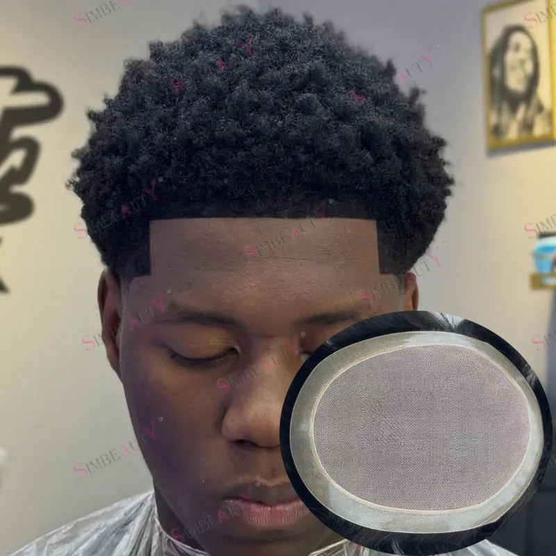 Cheapest African American Black Hairloss Man 100% Human Hair 6mm Tight Curly Toupee Super Durable NPU Mono PU Base Hair System