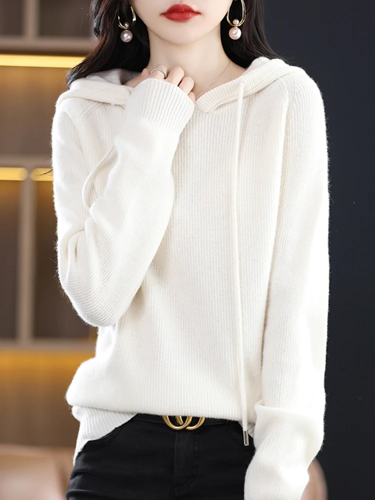 Women’s Hoodie Sweater Pullover 100% Merino Wool Knitwear Raglan Sleeve Stripe Thick Cashmere Chic Comfortable Top Autumn Winter