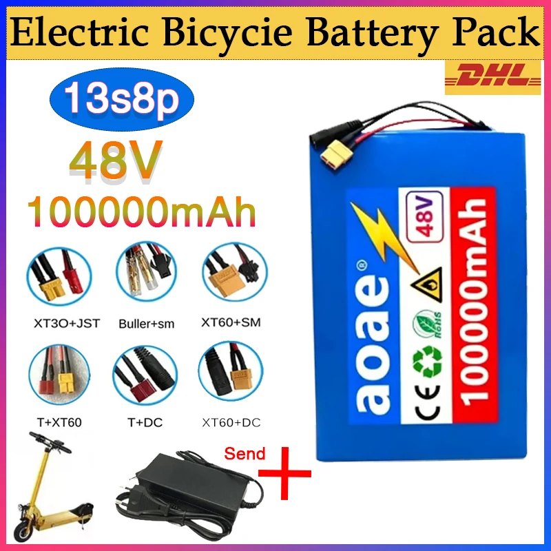13S8P 48V 100000mAh Lithium Battery Pack 18650 Electric Battery 1500W electric battery, built-in 30A BMS+chargerr