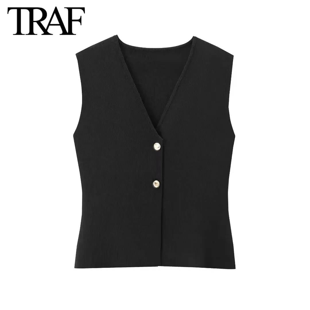 TRAF Women Fashion New Sleeveless V-neck Gold Button Single Breasted Cardigan Knitted Sweater Short Vest Sweet Chic Ladies Tops