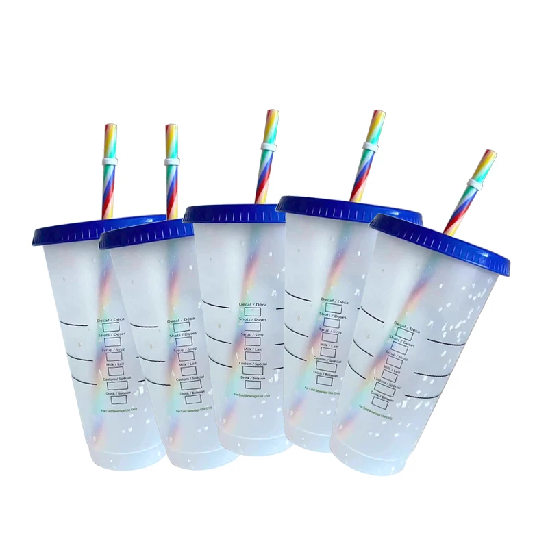 Reusable Blank Plain Plastic Cup With Color Changing Confetti Blue Cold Drink Milk Tea Juice Cup  Plastic Tumbler With Straw Lid