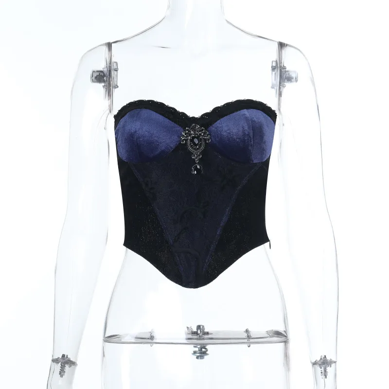 

Новинка 2025, винтажный темный модный бархатный сексуальный корсет без бретелек, женский топ в готическом стиле, в стиле панк, Хэллоуин, укороченные топы без рукавов