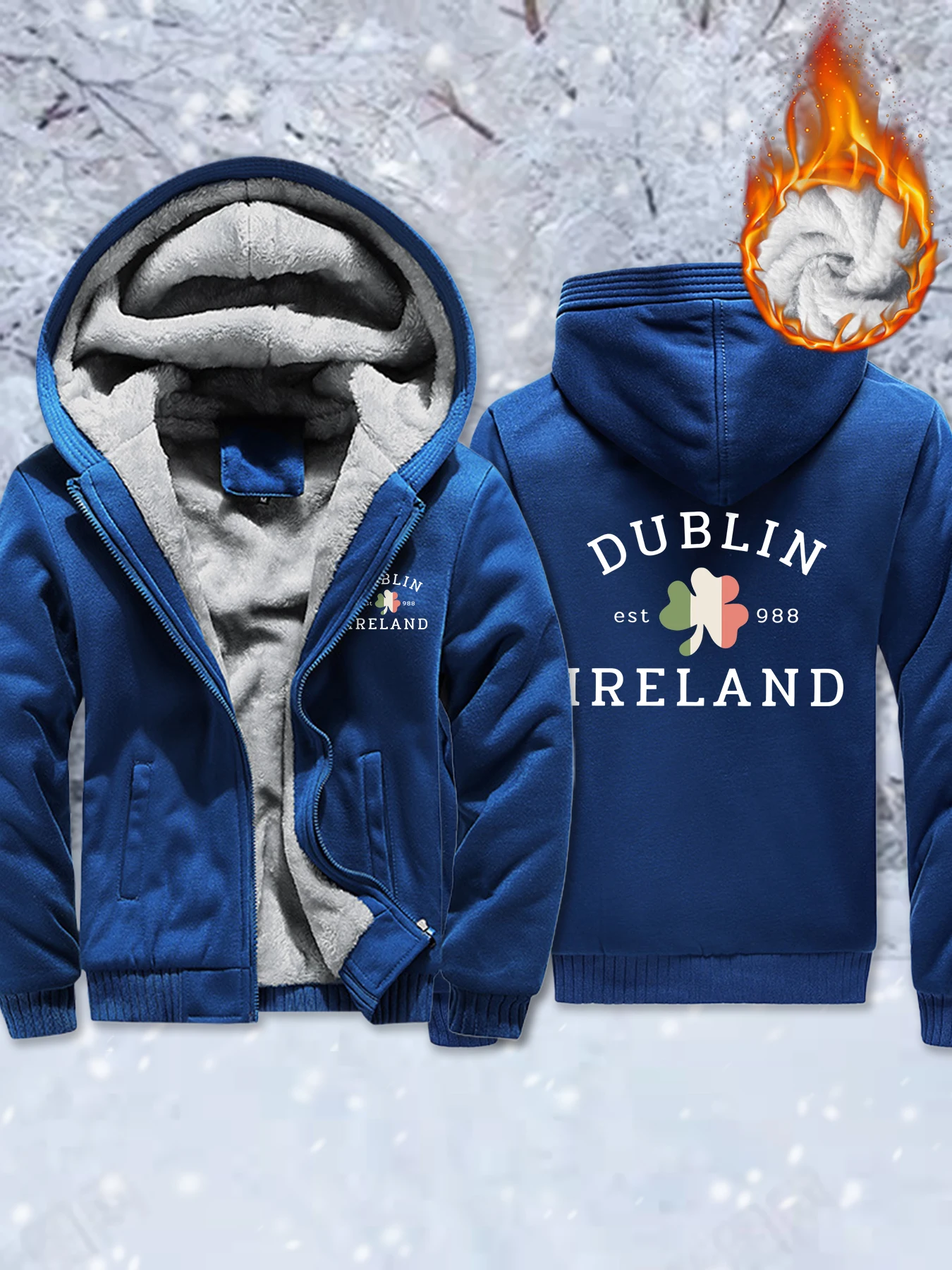 

Dublin Ireland Est 988 утепленные куртки с узором, мужские зимние флисовые уличные свободные пальто с карманами, удобная толстовка на молнии в стиле хип-хоп