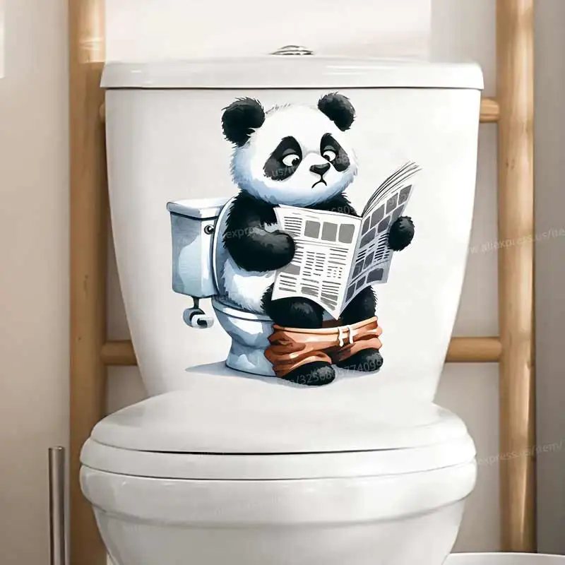 Cute Panda Reading Newspaper Toilet Lid Decal - Animal Self-Adhesive Bathroom Toilet Sticker Waterproof Funny Home Decor M1125