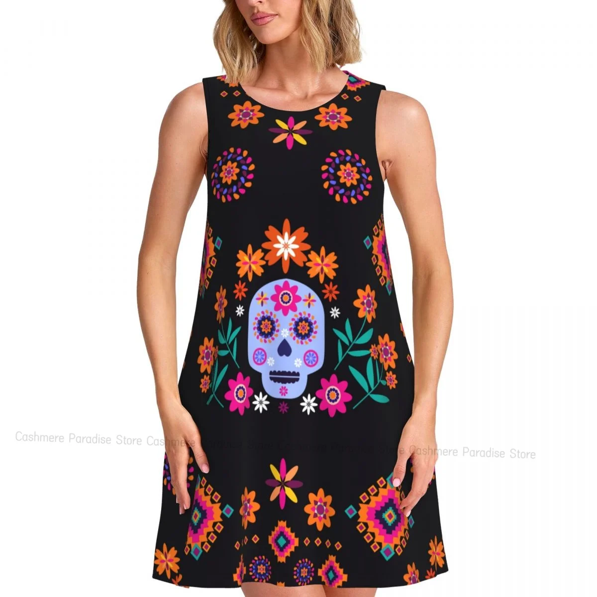 Damenkleid Day Of The Dead Sugar Skull Sommer Casual T-Shirt Kleider Strand Cover Up Tank Kleid