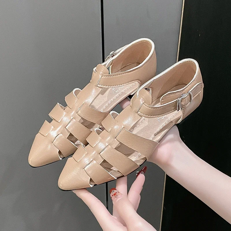 2024 Summer New Fashion Women\'s Sandals Pointy Flat Sandals with Buckle Women\'s Shoes Light High-end Shoes for Women