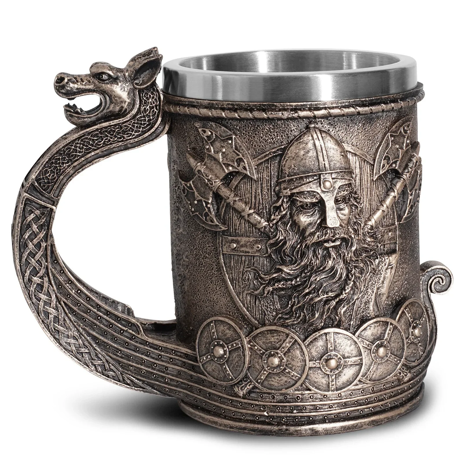 Norse Mythology Beer Mugs World Tree Viking Warrior Oak Barrel Resin Stein Tankard Stainless Steel Water Mug Coffee Cup 600ml