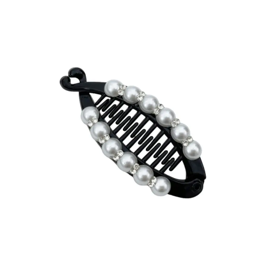 

Sweet Korean Style Pearl Banana Clip Ponytail Holder Hairpin Plastic Vertical Clip Headdress Headwear Rhinestone Hair Clip Girls