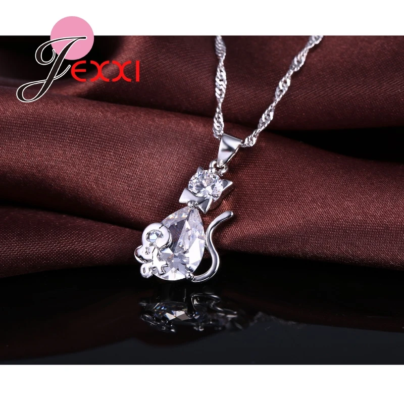 Genuine 925 Sterling Silver Lovely Cat Shape Cubic Zirconia Pendant Necklace Earrings Jewelry Sets For Women Ladies