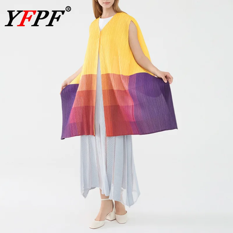 

YFPF Miyake плиссированное свободное пальто женское средней длины с v-образным вырезом и рукавами «летучая мышь», красочная куртка на пуговицах с принтом, модная новинка 2023 года, одежда