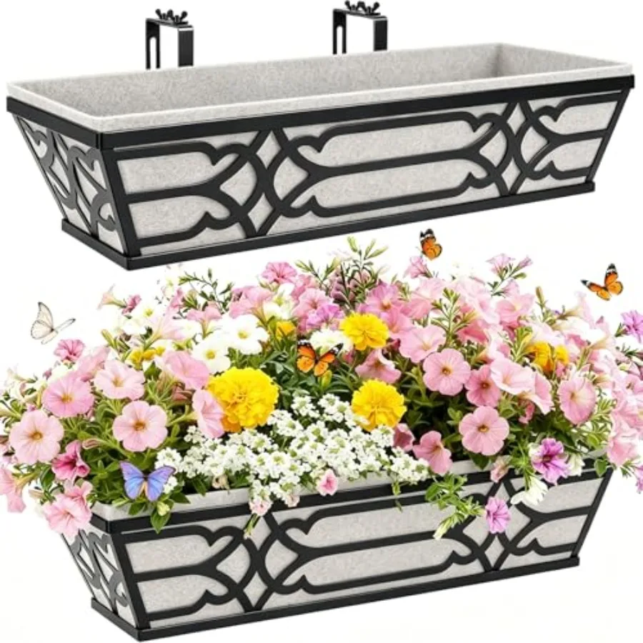 

Railing Planter Box, Window Planter Box Inch Pack, Metal Hanging Flower Boxes with Non-Woven Fabric Liner, Adjustable Brackets