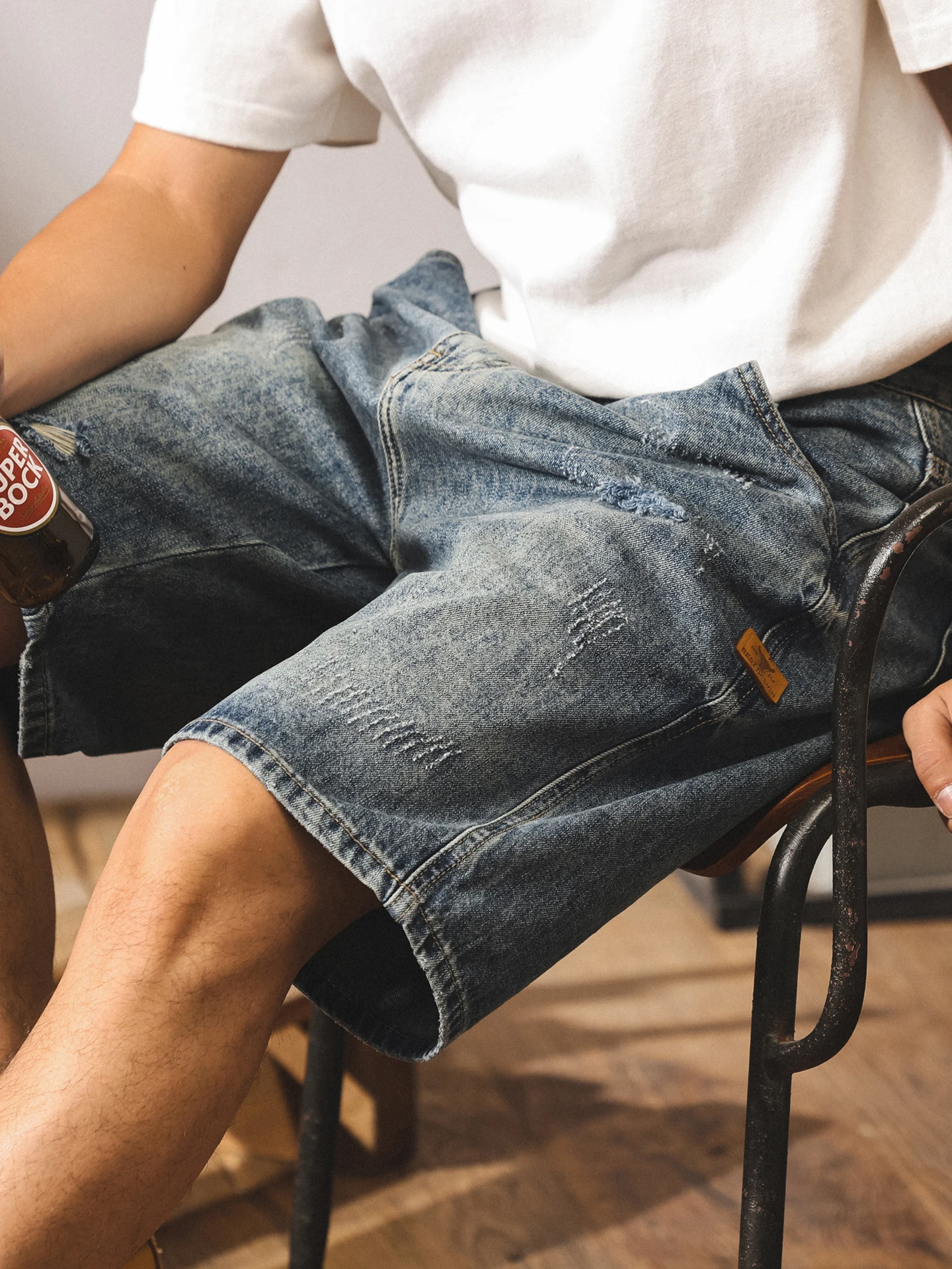 

American Retro Waed Denim orts Men Summer New Sle Haome Workwear Hole Men Loose Casual Five-Quarter Pants