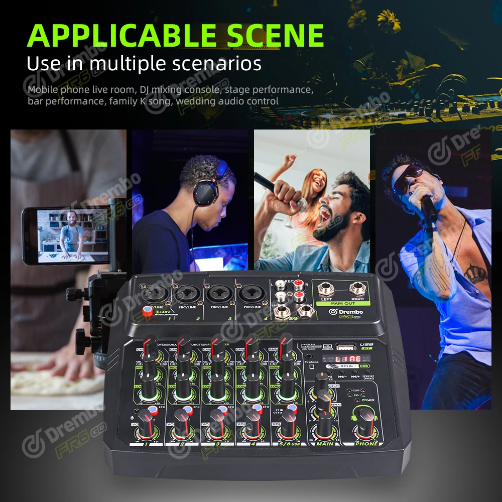 4/6 Channels Sound Mixer  Audio Mixer DJ Controller Mixing Bluetooth Phantom Power Delay Repaeat Effect For Sound Mixing Console