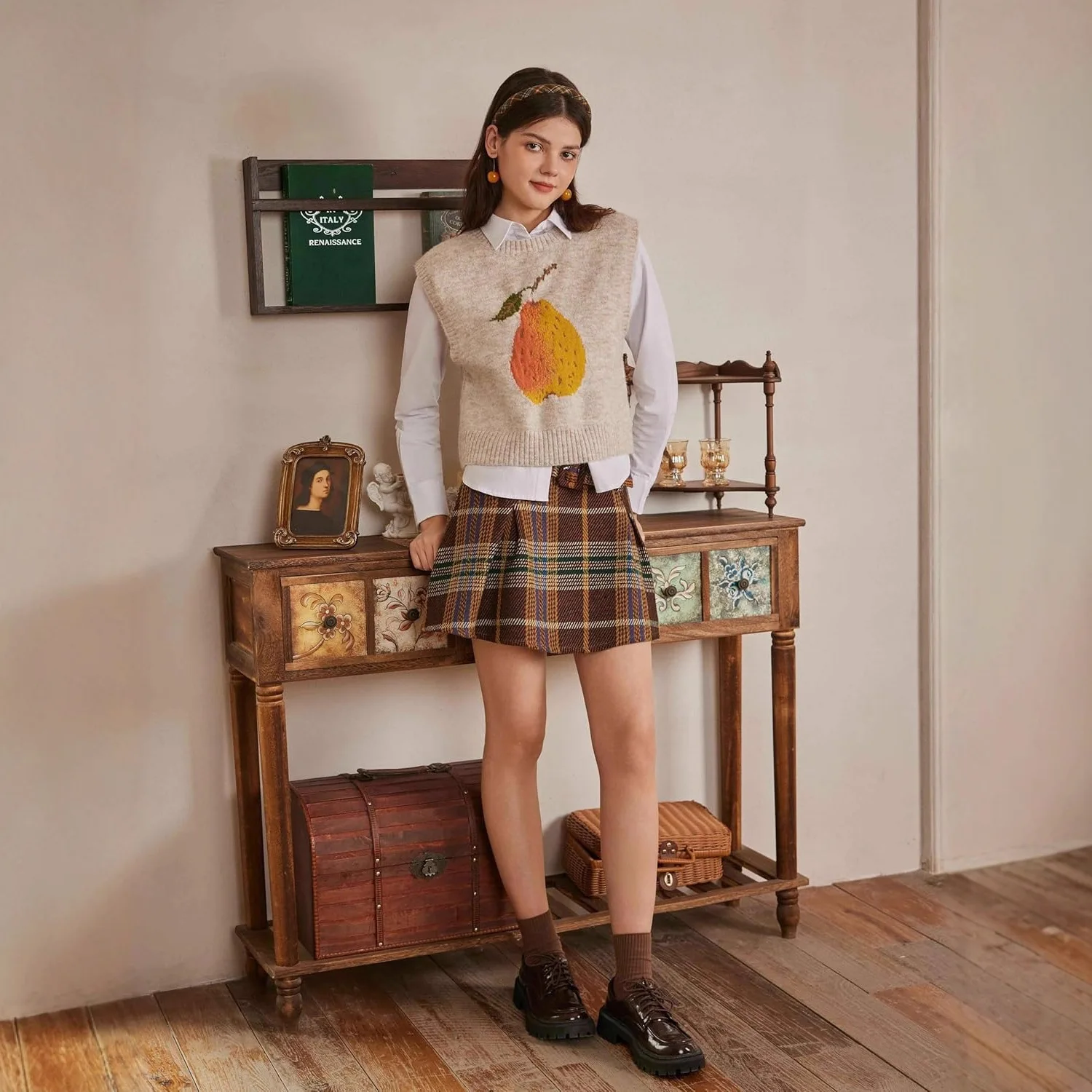 Women's Knit Sweater Vest - Cute Pear Pattern - close-up view