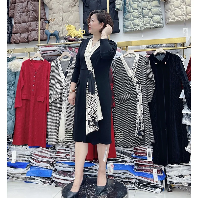 

Ele Long Sve Spring Autumn Dr for Middle-Aged Women High-Quali Boting Skirt V-Ne Button Closure Midi Dr