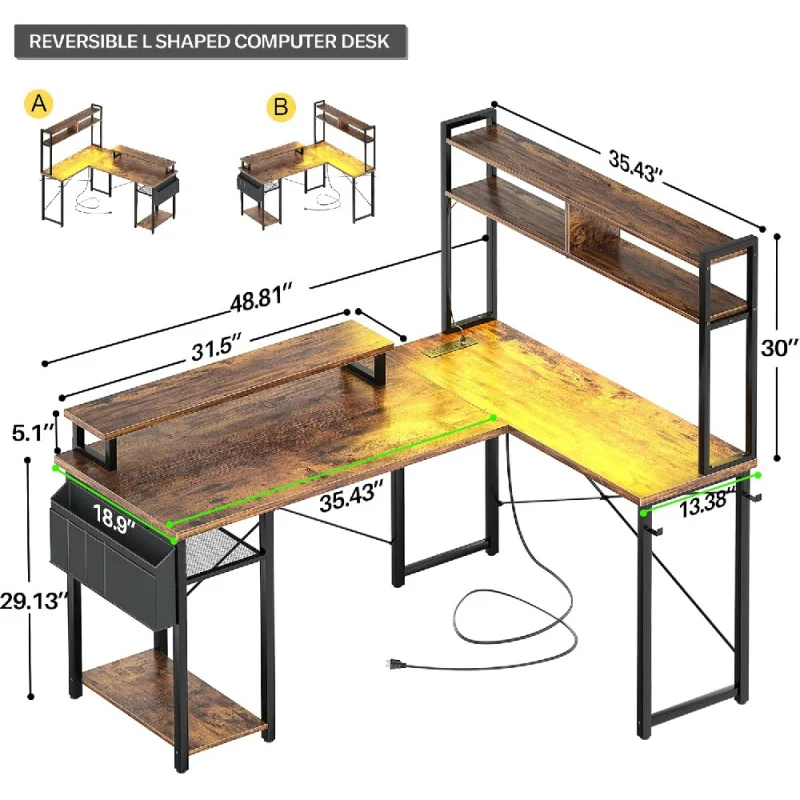 Small L Shaped Gaming Desk with LED Lights & Power Outlets, Reversible L-Shaped Computer Desk with Monitor Stand & Storage
