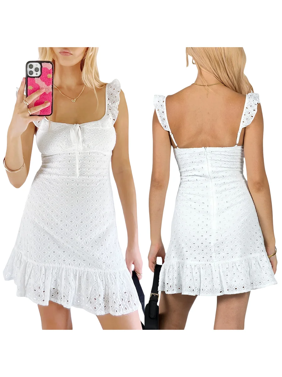 Женское облегающее мини-платье без рукавов, однотонное ажурное ТРАПЕЦИЕВИДНОЕ пляжное короткое платье с открытой спиной и оборками, лето