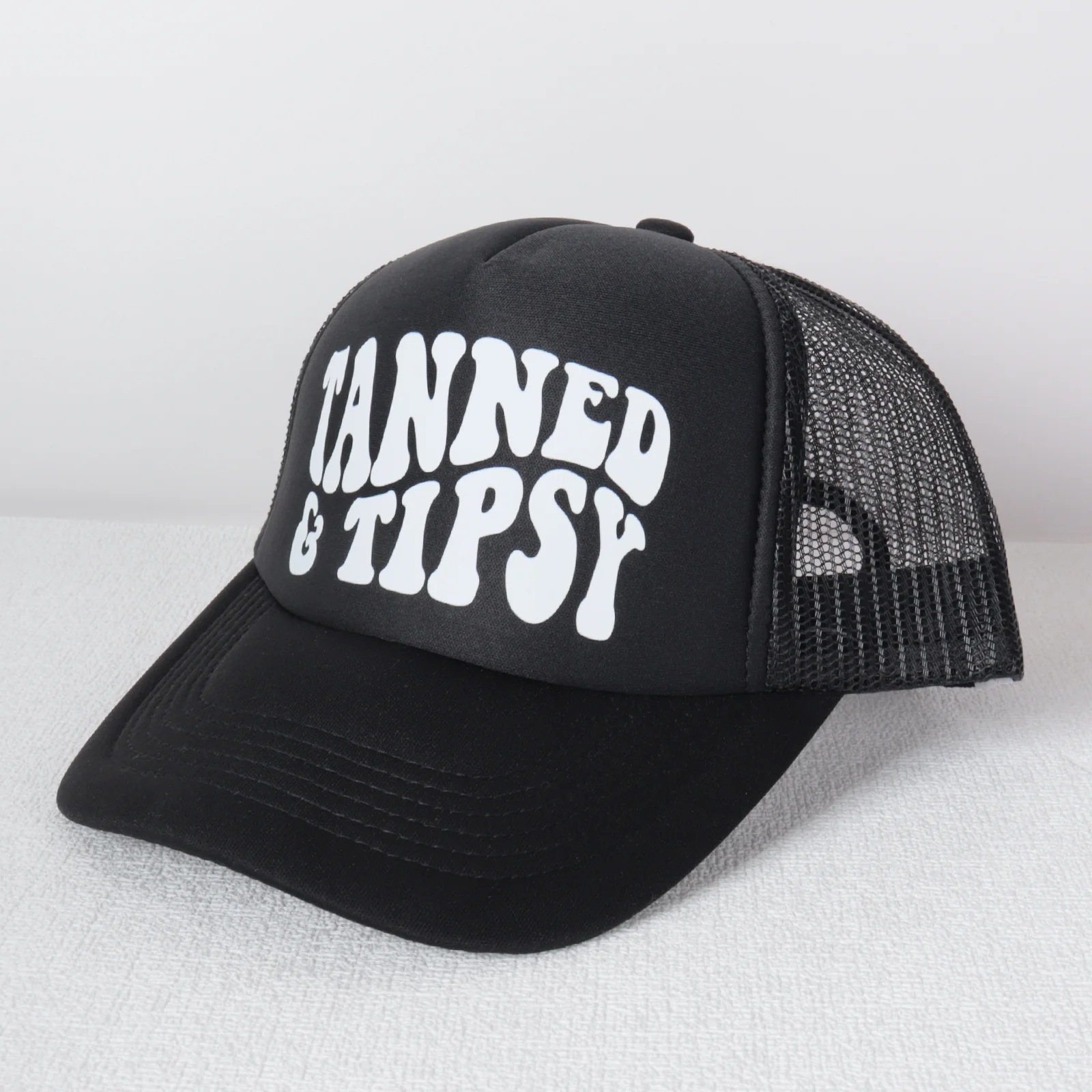 TANNED AND TIPSY Graphic Print Sponge Truck Hat - Breathable Soft-Top Beach Vacation Style Cap for Men & Women, Perfect for Pool