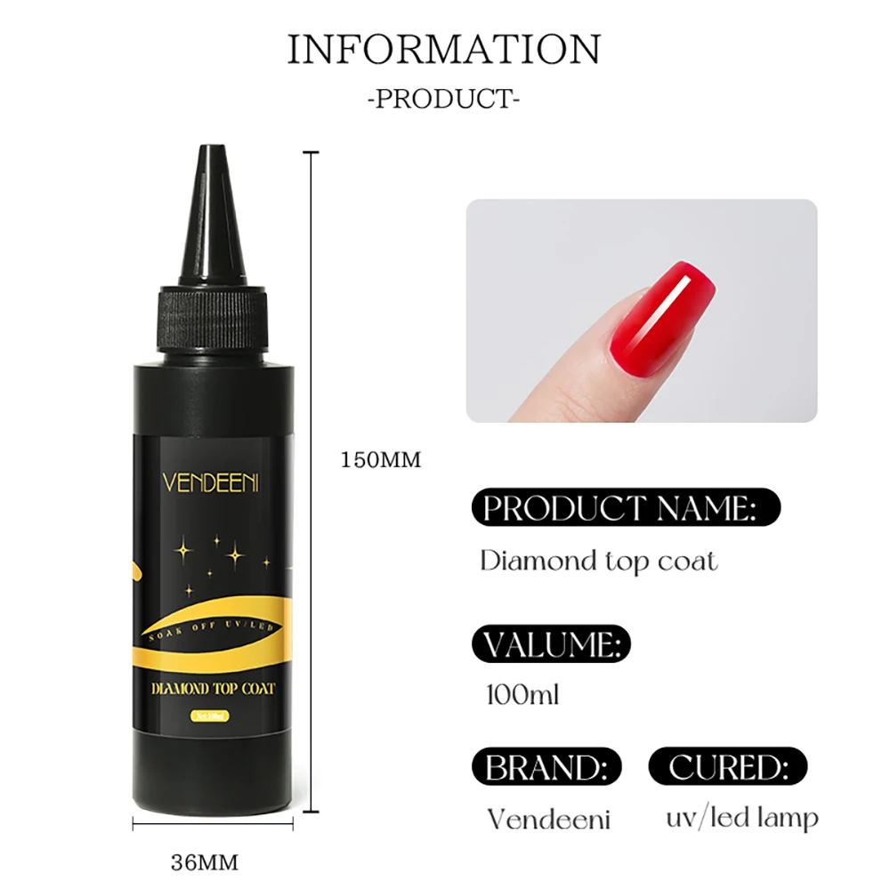 Vendeeni 100ml Diamond Top Coat Gel Nail Polish Semi Permanent UV Soak Off Gel Varnish High brightness Gel Lacquer For Nail Art